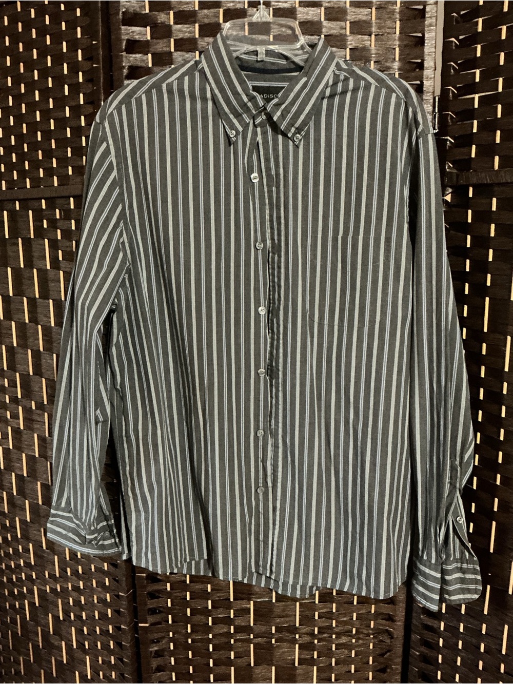 Madison Men's Charcoal and Blue and White Vertical Stripe Button-Down Shirt